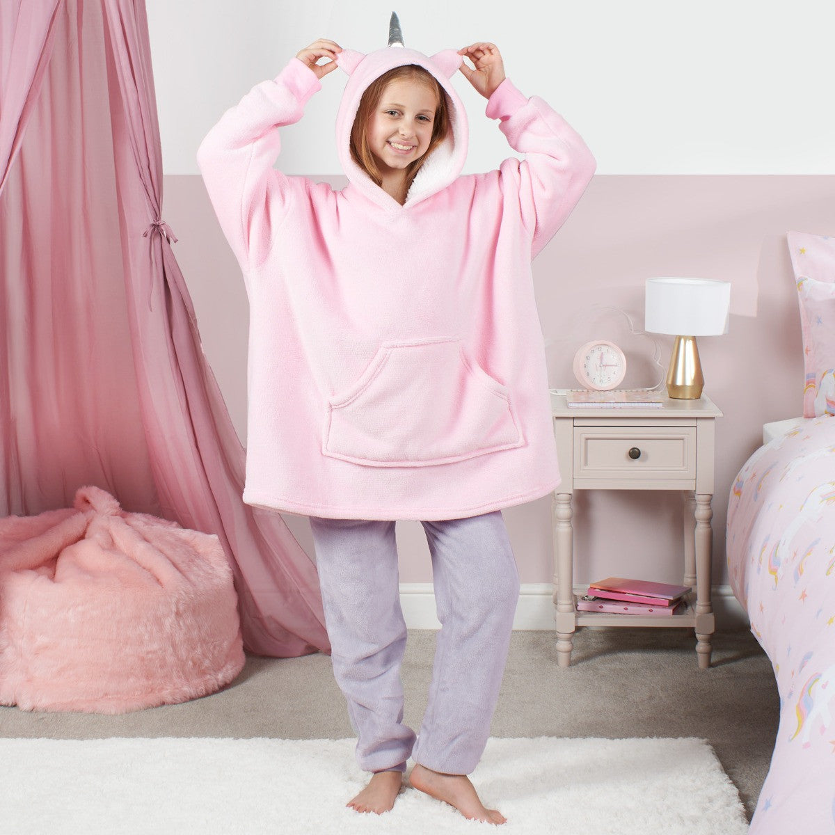 Pink Unicorn Print Kids Hoodie Blanket