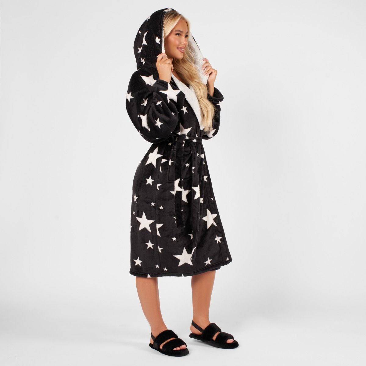 Star Print Hooded Sherpa Fleece Dressing Gown
