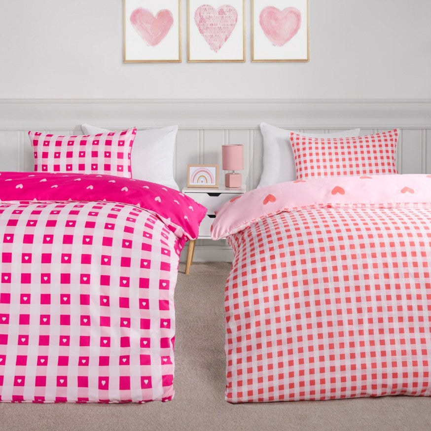 Gingham Heart Print Reversible Duvet Set Twin Pack