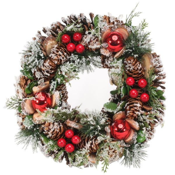 Snowy Red Bauble, Log Slices & Icie Drops Wreath