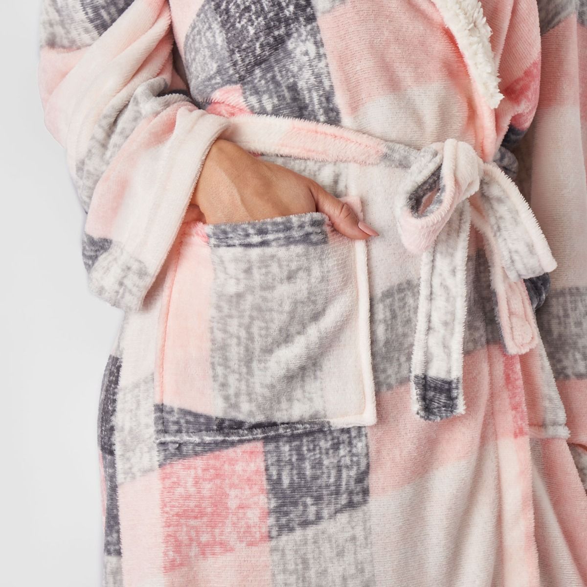 Check Print Hooded Sherpa Fleece Dressing Gown