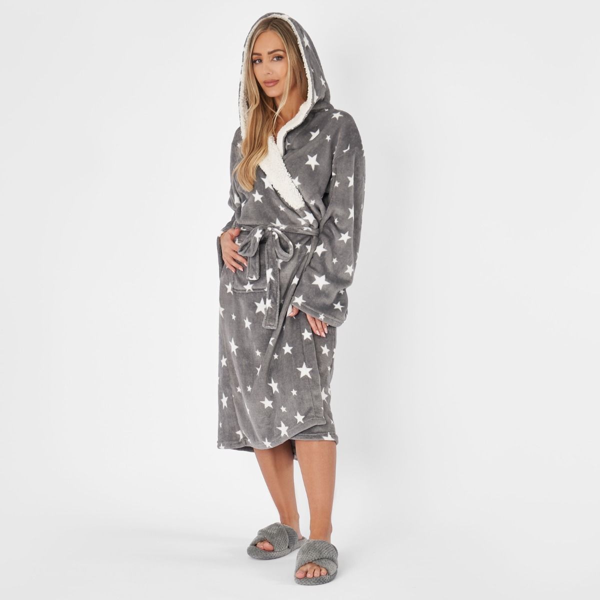 Star Print Hooded Sherpa Dressing Gown